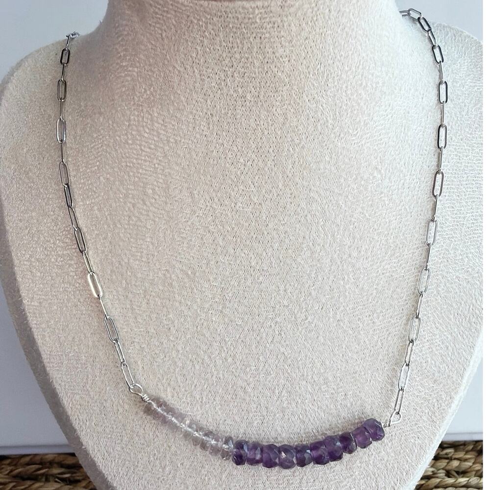 18" Adjustable Two Tone Amethyst Necklace on Silver Paperclip Chain, Delicate